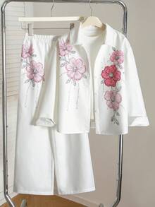 SHEIN 青少年女孩花卉刺繡襯衫與寬腿褲兩件套，旅行日常穿搭 - 白色 - 查看 6
