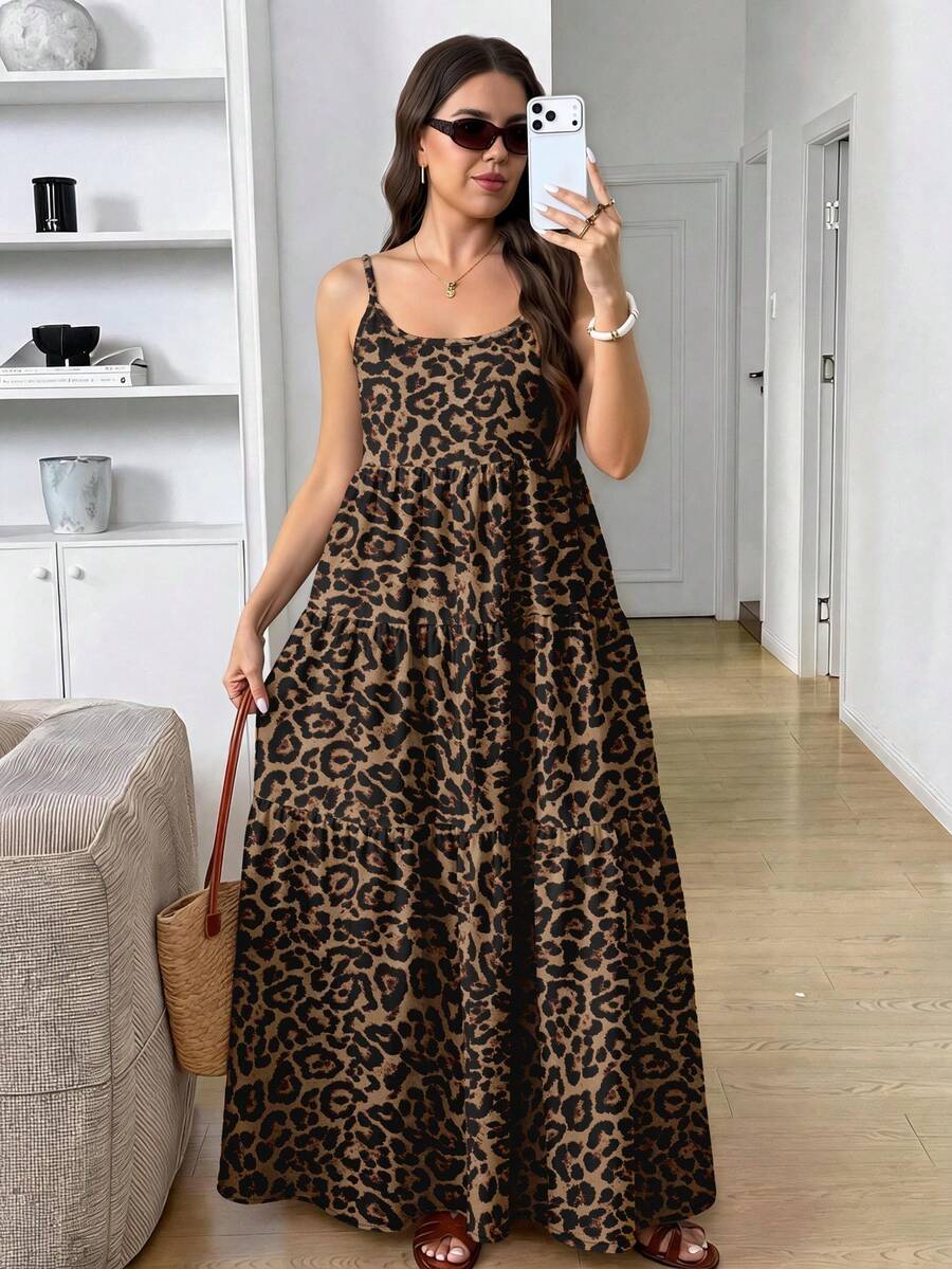Comfylo Plus Size Women's Leopard Print Spaghetti Strap Dress With Ruffle Hem - Multicolor - View 1