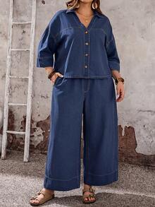 EMERY ROSE EMERY ROSE Plus Size Women Single-Breasted Top And Wide Leg Jeans Two Pieces Set - Dark Wash - View 3