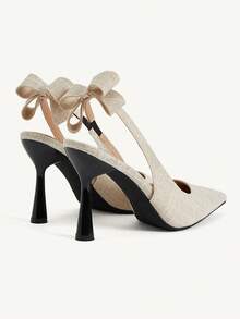 CUCCOO CHICEST Stylish Apricot Tweed Pointed-Toe High Heels With A Bow, Elegant, Comfortable, And Simple Design; Perfect For Parties And Banquets. - apricot linen - View 6