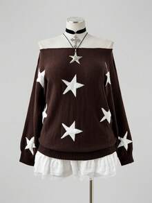 Sunspun Women's Pullover Sweater With Star Pattern, Plus Size, Off-The-Shoulder Neckline Fall - Brown - View 4