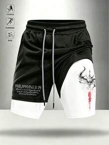 Gym Rark Pantalones cortos casuales versátiles para hombres con cordón en la cintura, estampado de eslogan, para uso diario, viajes y deportes - Blanco y Negro - Ver 3