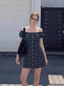 Sweetina Academy Style Off-Shoulder Petal Sleeve Mini Dress For Women - Navy Blue - View 7