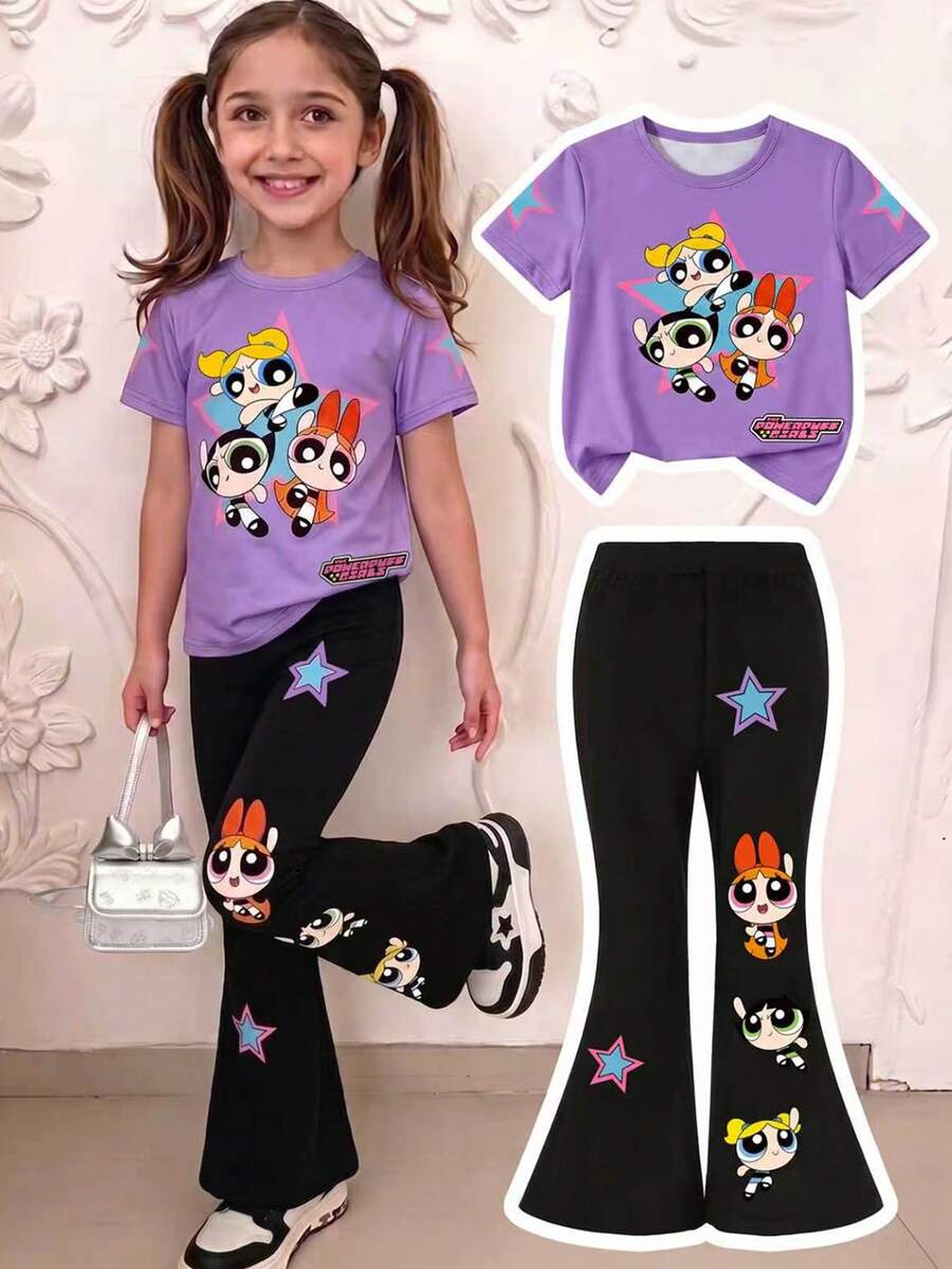 THE POWERPUFF GIRLS X SHEIN GraphicGems 青少年女孩紫色星星印花T恤 + 卡通喇叭褲夏季休閒套裝 - 紫色 - 查看 1