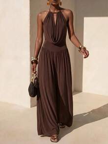 SHEIN x Rafa Kalimann Zivah Women's Solid Color Draped Neck Cowl Neck Fashion Jumpsuit For Vacation - Brown - View 5