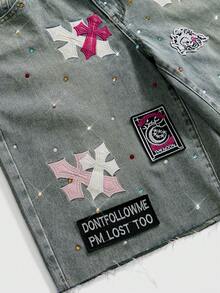 ROMWE Grunge Punk Celana Pendek Denim Wanita Gaya Vintage Punk dengan Bordir Salib dan Rhinestone, Lebar 7 Inci - Biru - View 3