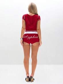 BABYPHAT Script Logo Crop Hoodie Top With Zip Front And Contrast Piping Short Sleeve - Red - View 8
