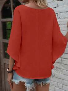 EMERY ROSE Solid Color V-Neck Loose Casual Holiday Short Sleeve Shirt Vacation Rust Summer - Red - View 2