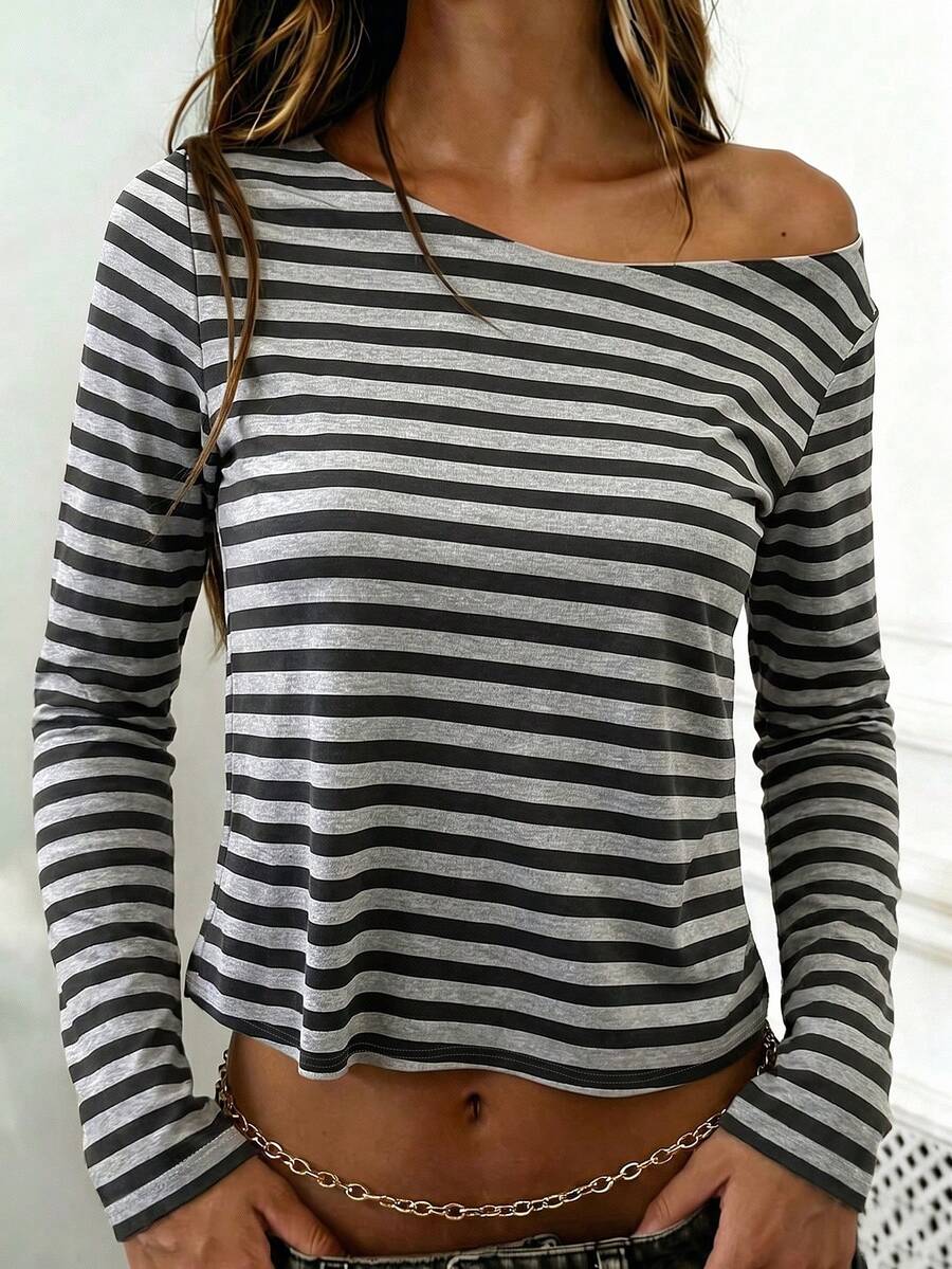 Rovax Women's Striped Print Asymmetrical Shoulder Long Sleeve Casual T-Shirt - Multicolor - View 1