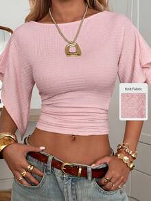 SHEIN EZwear Lotus Root Pink Knit Slim Fit Asymmetrical Shoulder T-Shirt For Women,Summer Top - Dusty Pink - View 4