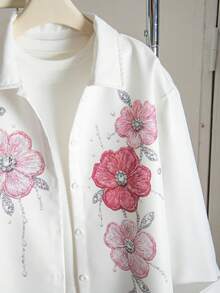 SHEIN 青少年女孩花卉刺繡襯衫與寬腿褲兩件套，旅行日常穿搭 - 白色 - 查看 4