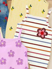 女嬰休閒極簡可愛趣味紋理花卉印花吊帶連身短褲，適合春夏，盲盒多件套，圖案、卡哇伊、舒適、復古、Chill Chill、Y2K、軟綿綿 - 彩色 - 查看 4