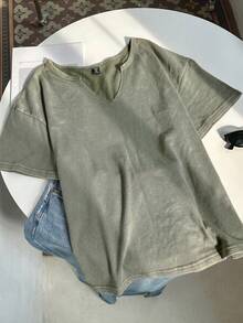 SHEIN EZwear 大码春夏服装，做旧酸洗宽松短袖V领T恤，纯棉面料，春夏款 - 軍綠色 - 查看 5