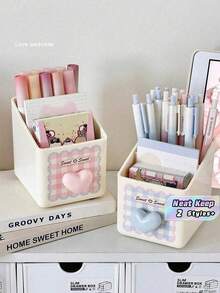 1PC Desktop Stationery Storage Box Dual Layer Design Large Capacity Pen Holder Makeup Brush Organizer Heart Pattern Pink White Sturdy Plastic For Students Teachers Office Back To School Christmas Birthday Gift For Friends Home Desk Accessories - Multicolor - View 1