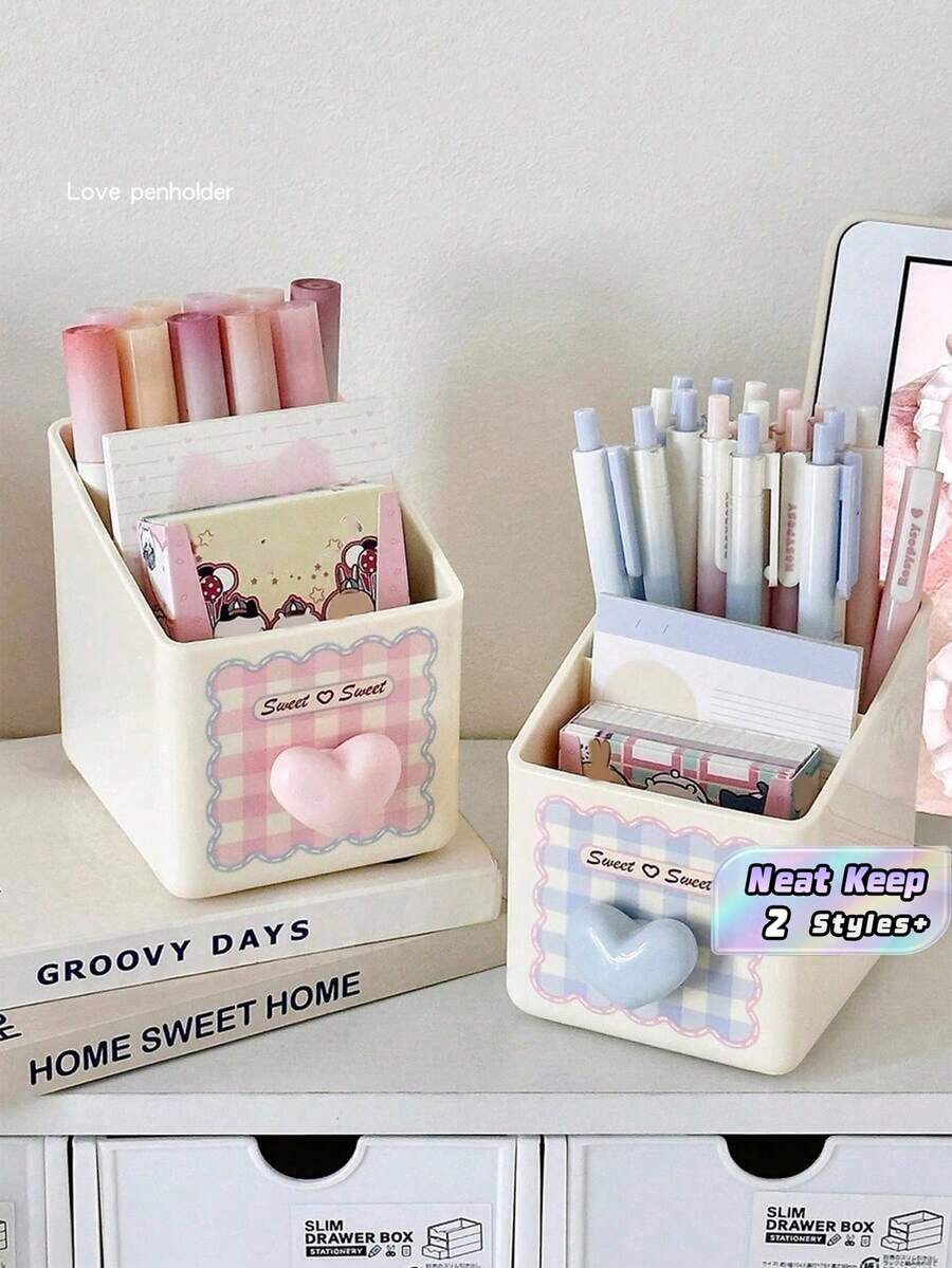 1PC Desktop Stationery Storage Box Dual Layer Design Large Capacity Pen Holder Makeup Brush Organizer Heart Pattern Pink White Sturdy Plastic For Students Teachers Office Back To School Christmas Birthday Gift For Friends Home Desk Accessories - Multicolor - View 1