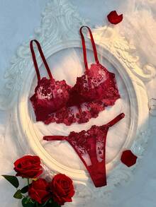 Crystal Vow Red Eye-Catching Embroidered Longline Bra & Thong Set, Full Cup Sexy Lingerie Set 2pcs - Red - View 4