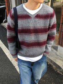 DAZY Sweater Pria Lengan Panjang Motif Garis Abu-abu & Merah, Kerah V Kecil, Desain Berbulu di Bagian Bawah dan Manset, Cocok untuk Musim Gugur/Dingin - MultiWarna - View 6