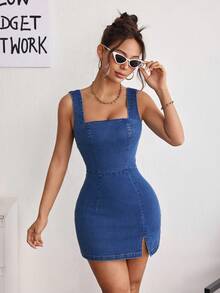 SHEIN PETITE 女款性感緊身迷你牛仔洋裝，夏季，小碼女款 - 深色水洗藍 - 查看 3