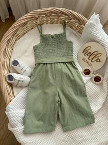 SHEIN Baby Girl Button Front Belted Cami Jumpsuit - Mint Green - View 2