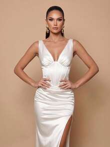 Glamrae White High-Stretch Minimalist Classy Elegant Sexy Bridal Party Wedding Dinner Evening Formal Gown Fishbone Trim Waist-Ruched Fishtail Train - White - View 8
