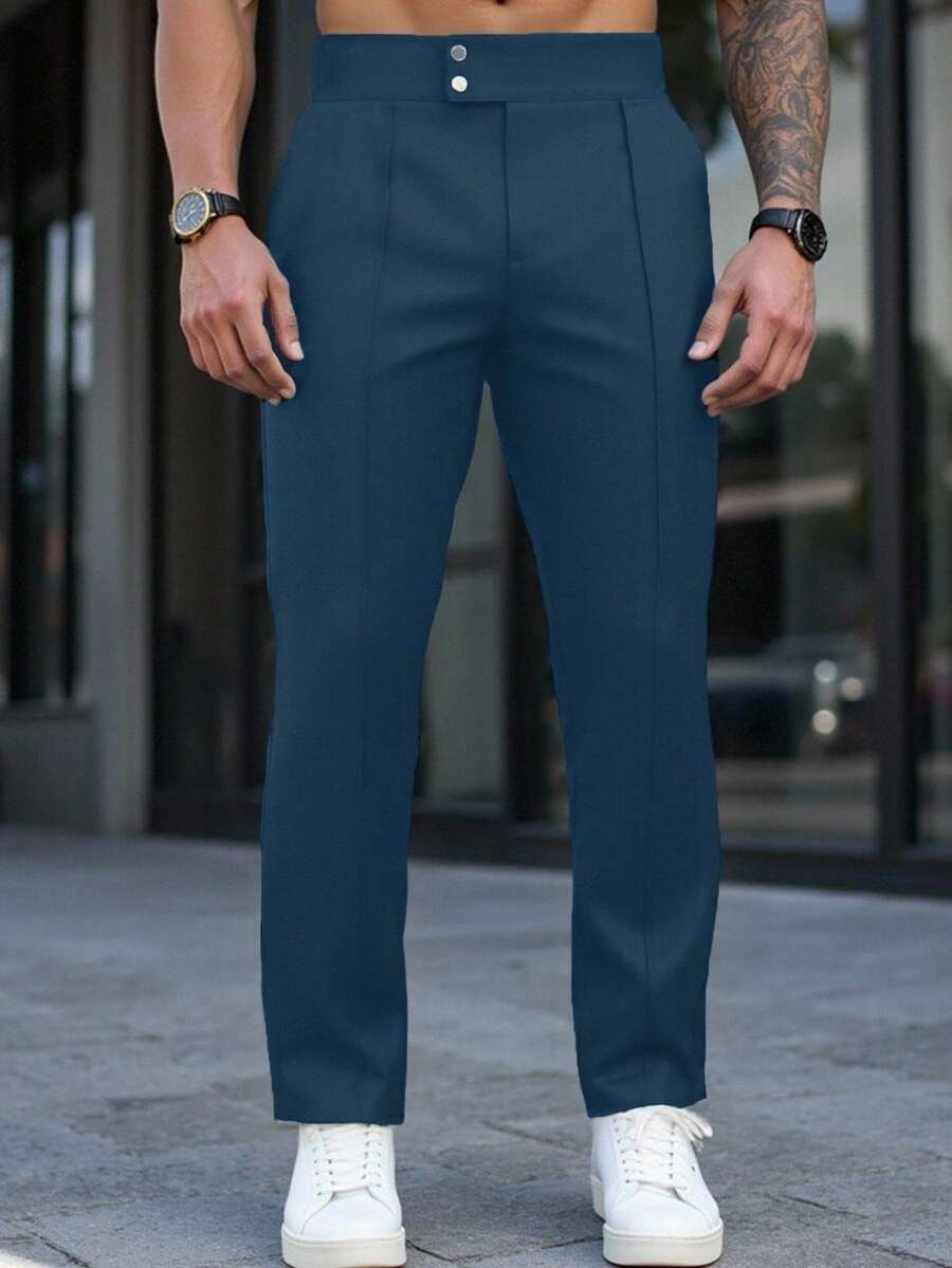 Manfinity Homme 男士純色牙籤條紋設計休閒高腰西裝長褲 - 藍色 - 查看 1