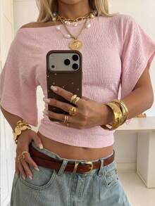 SHEIN EZwear Lotus Root Pink Knit Slim Fit Asymmetrical Shoulder T-Shirt For Women,Summer Top - Dusty Pink - View 7
