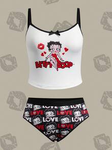 Betty Boop x SHEIN Plus Size Letter & Cartoon Character Print Camisole And Panty Lingerie Set - Black and White - View 1