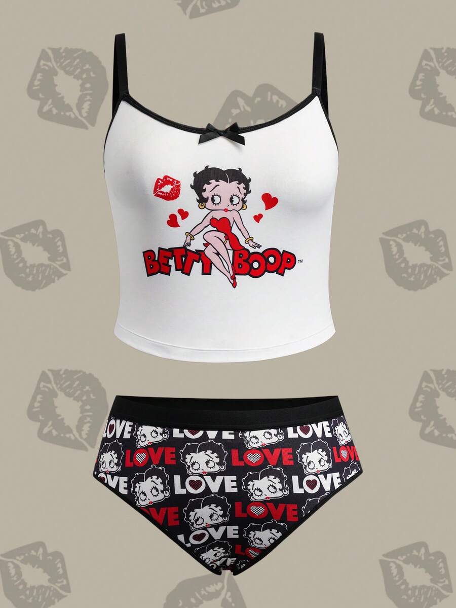 Betty Boop x SHEIN Plus Size Letter & Cartoon Character Print Camisole And Panty Lingerie Set - Black and White - View 1