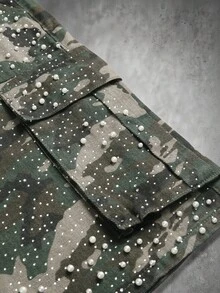 Manfinity EMRG Men's Camouflage Pattern Rhinestone Decorated Casual Denim Cargo Shorts - Army Green - View 3