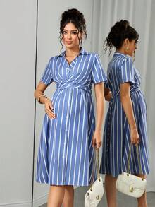 Momance Blue And White Striped Shirt Dress For Maternity, Lapel V-Neck With Criss-Cross Tie Waist, Short Sleeve Single-Breasted A-Line Skirt, Suitable For All Pregnancy Stages, Commute And Daily Wear, Elegant And Slimming Maternity Dress - Blue - View 5