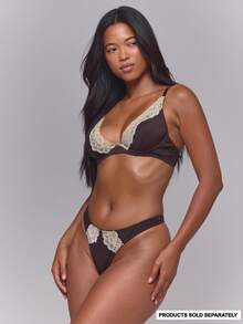 MUSERA Brown Cream Lace Trim Cutout High Leg Thong Knicker - Coffee Brown - View 2