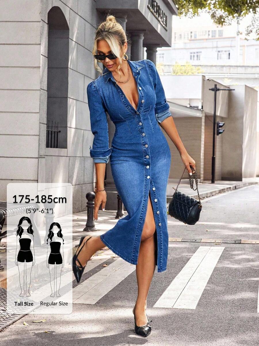 SHEIN Tall Gaun Denim Kasual Wanita dengan Kancing Depan, Pas Badan, untuk Wanita Tinggi - Biru - View 1