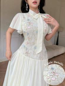 Modelyn Women's Lace-Up Waist Embroidered Patchwork Chiffon Dress Wedding Date Bachelorette Party Divorce Beige Summer Elegant Romantic Casual Flowy - Apricot - View 7