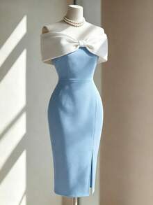 Fine & Folde Women's Colorblock Off-Shoulder Fitted Elegant Romantic Short Dress Wedding Party Mother Of The Bride Light Blue And White Summer - Blue - View 5