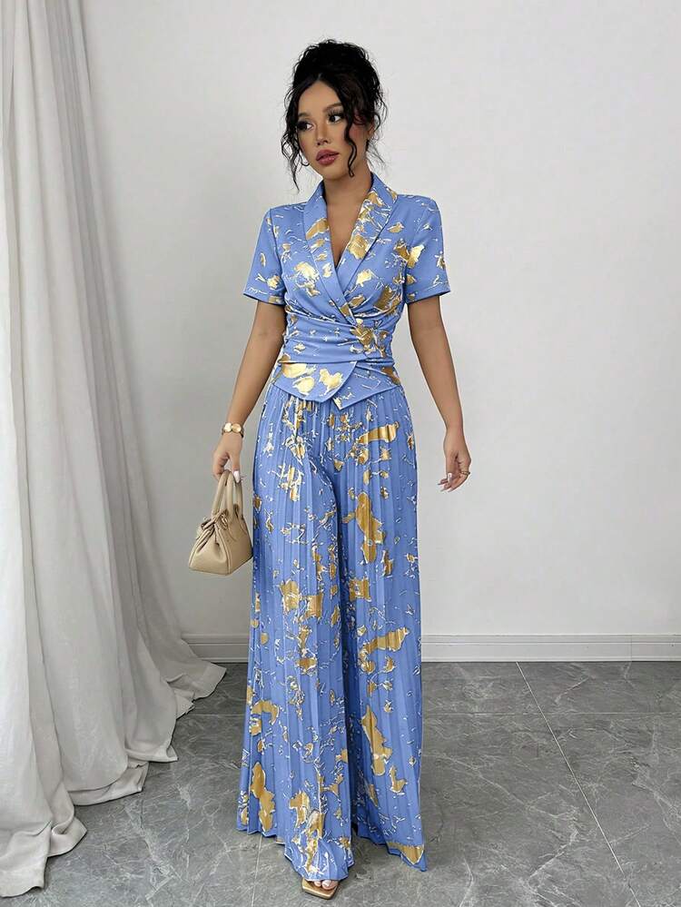 Elenzga Halloween Costume Blue And Gold Foil Fabric Criss-Cross Wrap Top Pleated Wide Leg Pants Women 2 Pieces Set Party Cocktail Summer Elegant - Blue - View 5