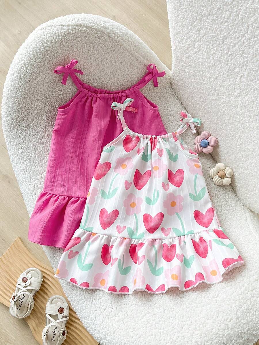 SHEIN Playful Pals 2件組夏季女童洋裝,蝴蝶結肩帶純色與花卉印花洋裝套裝,適合休閒日常穿著,女童專屬 - 彩色 - 查看 1