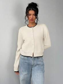 SHEIN BASICS 女款夏季休閒極簡度假風 優雅浪漫復古風 對比色貝殼刺繡領口與袖口開襟衫 通勤 音樂節 海灘 度假 夏季 - 彩色 - 查看 3