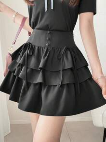 FRIFUL Rok Ruffle Berlapis Pinggang Tinggi Wanita yang Mempesona, Atasan Lucu Serbaguna - Hitam - View 10