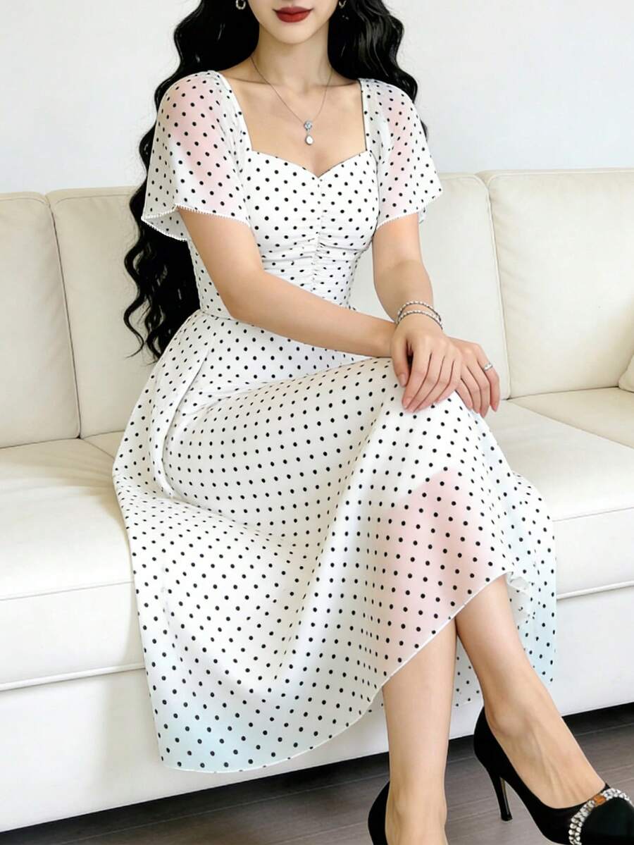Modelyn 女款白色黑波點夏季優雅茶會雪紡洋裝,方領荷葉袖極簡中長版收腰長裙 - 彩色 - 查看 1