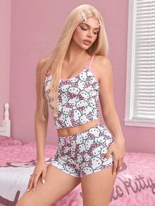 HELLO KITTY AND FRIENDS | SHEIN 女款卡通印花細肩帶背心與平口短褲睡衣套裝 - 粉色 - 查看 6