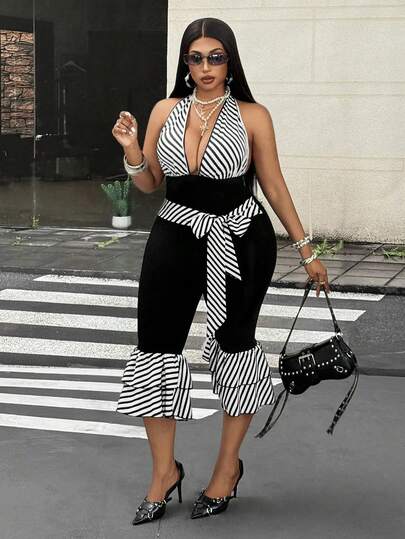 Maweii Plus Size Women Striped Patchwork Deep V-Neck Sexy Casual Jumpsuit