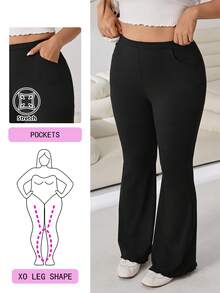 Solflare Black Casual Modest Traditional Plus Size Women's Flare Pants With Pockets Holiday Work Winter Fall - Black - View 2