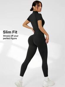 SHEIN Velisys 女款前拉鍊短袖純色運動連身褲 - 彩色 - 查看 2