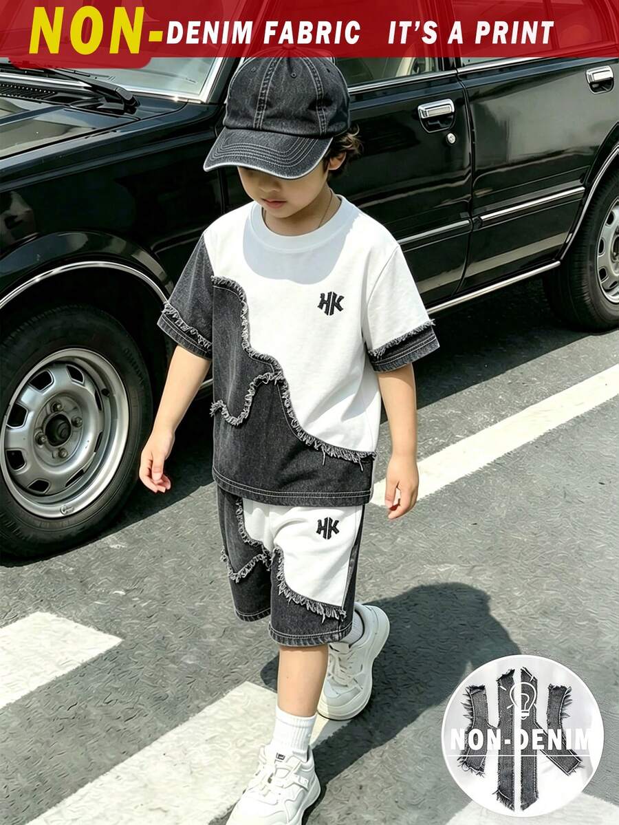 2件組小男孩酷炫圖案與個性化字母時尚印花圓領短袖T恤與運動短褲套裝,適合假期聚會與派對,春夏休閒舒適,夏季必備穿搭,時尚休閒造型,春夏街頭風,戶外與返校休閒穿著 - 彩色 - 查看 1
