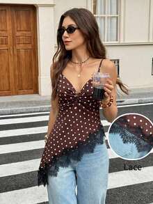 Serisse Women's Brown And White Polka Dot Contrast Lace Asymmetric Hem Cami Tank Top Night Out Sexy Summer Formal Business Chic Back To School - Brown - View 1