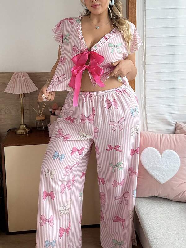 Slumberry CURVE Plus Size Sweet & Cute Colorful Bow Print Open Front Pajama Set