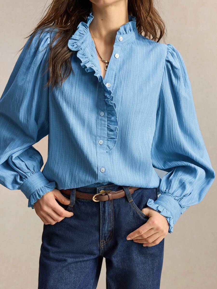 BizChic Fall Light Blue Shirt, Ruffle Collar, Front Pleats, Back To School, Church, Office, Special Occasions, Elegant French Style, Halloween, Birthday - Blue - View 1