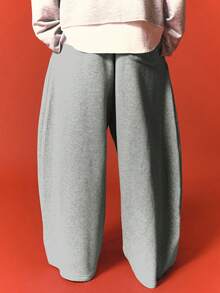 SUMWON Pleated Barrel Fit Sweatpants With Drawstring Waist Oversized Wide Leg Fleece Jogger Trousers - Grey - View 2