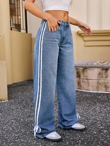 SHEIN Tall 女款側條紋直筒寬鬆休閒牛仔褲 Y2K 織帶蝴蝶結，適合高個女性 - 中等水洗藍 - 查看 4