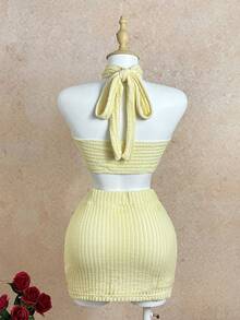 Sunnyshic Women's Summer Star Moon Decor Crop Top Camisole Backless Skirt Outfit, Beach Vacation Wear, Casual Sexy Holiday, Bohemian Style Tropical, Pale Yellow - Light Yellow - View 2